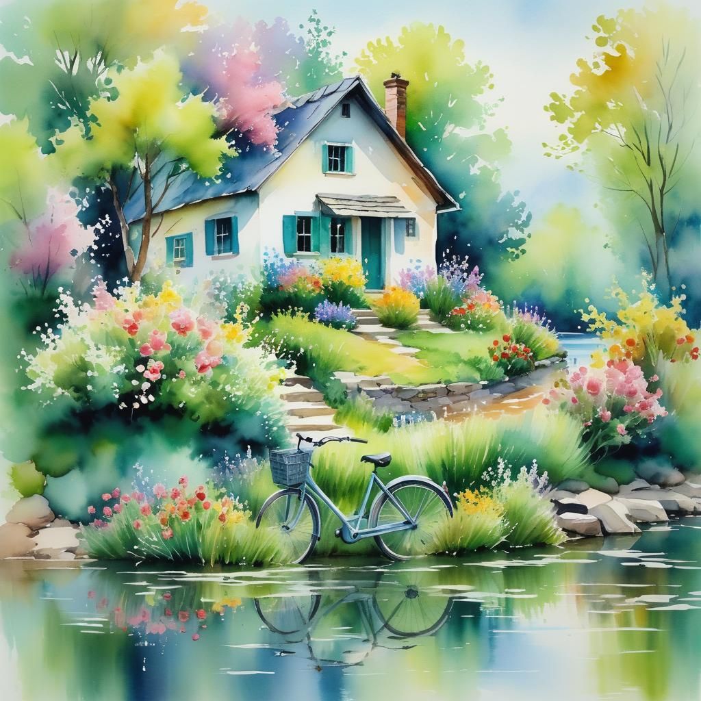 Idyllic River Scene as Impressionistic Watercolor Art