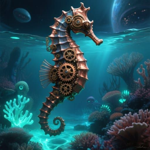 Steampunk Seahorse in Bioluminescent Alien Reef