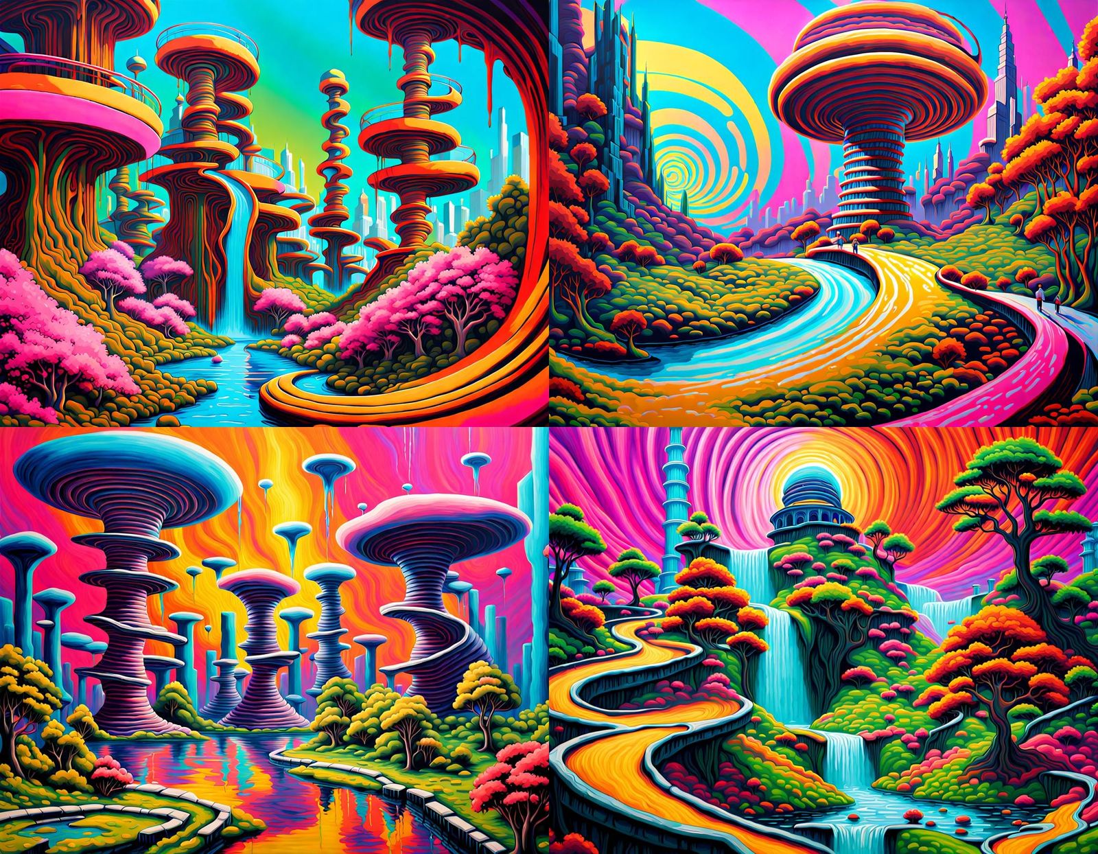 Cyberpunk Landscape with Gardens and Waterfalls