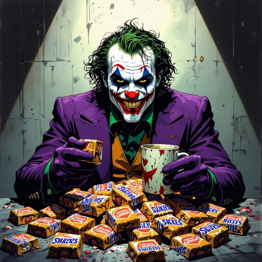Joker Mugshot on Candy Pile in Dark Comic Art Style
