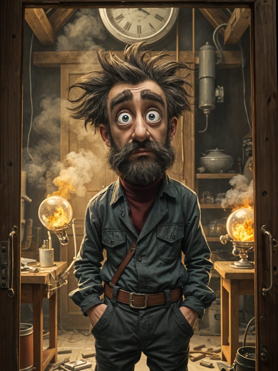 Inventor Amidst a Fiery Workshop in Hyperrealism