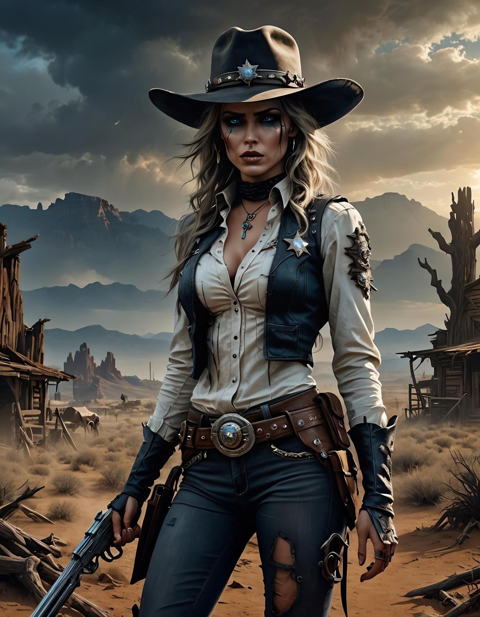 Horrifying Zombie Cowgirl Sheriff in Western Landscape