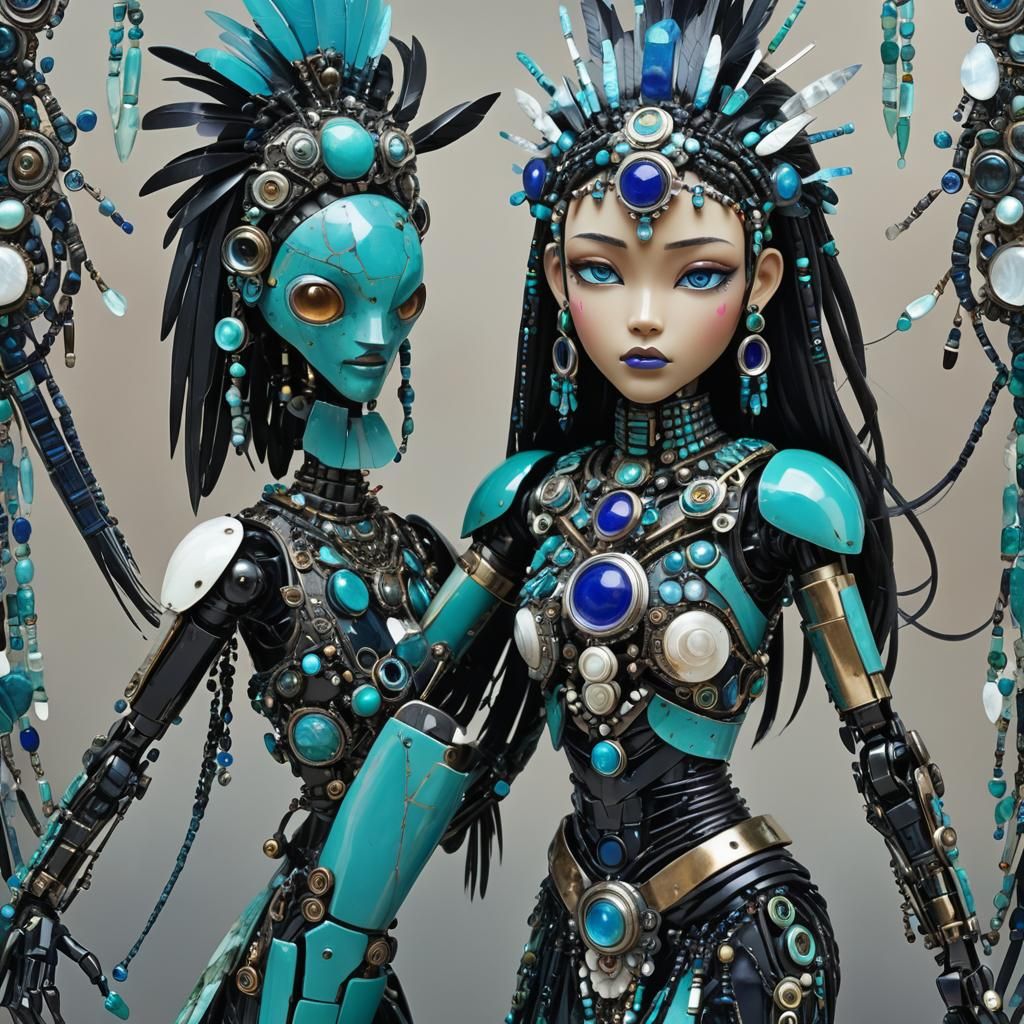 Mesoamerican Robot Girl in Futuristic Cityscape