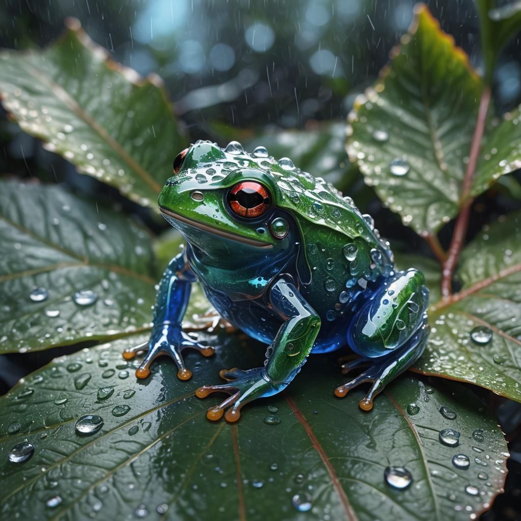 Glass Frog Sculpture in Rainstorm, Detailed Art
