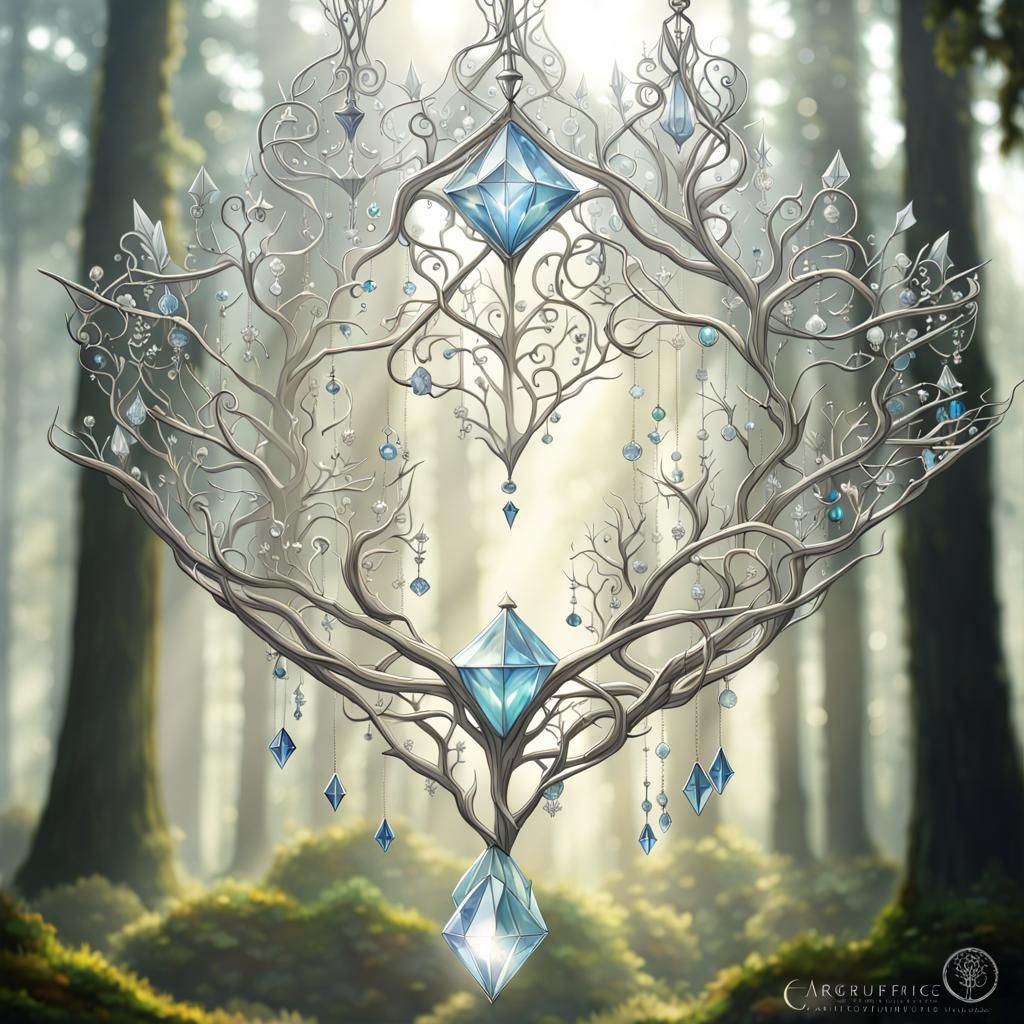 Intricate Crystal Mobile in Misty Elven Forest