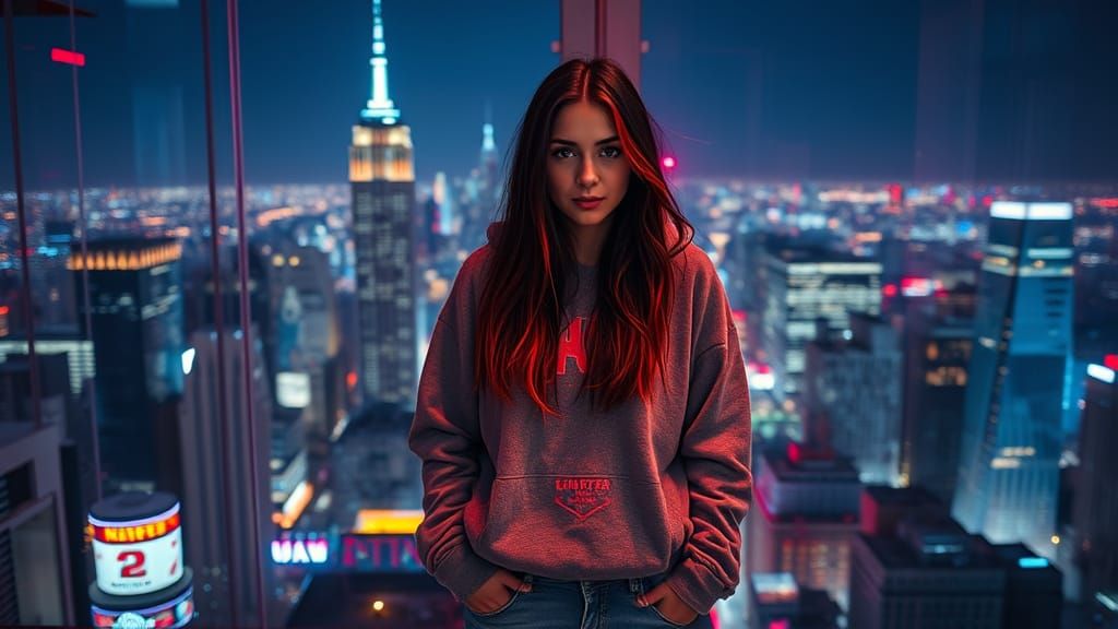 Young Woman in Futuristic Bar Overlooking New York City