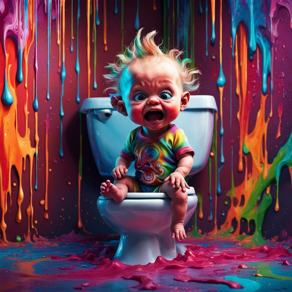 Angry Crying Baby on Toilet in Psychedelic Art