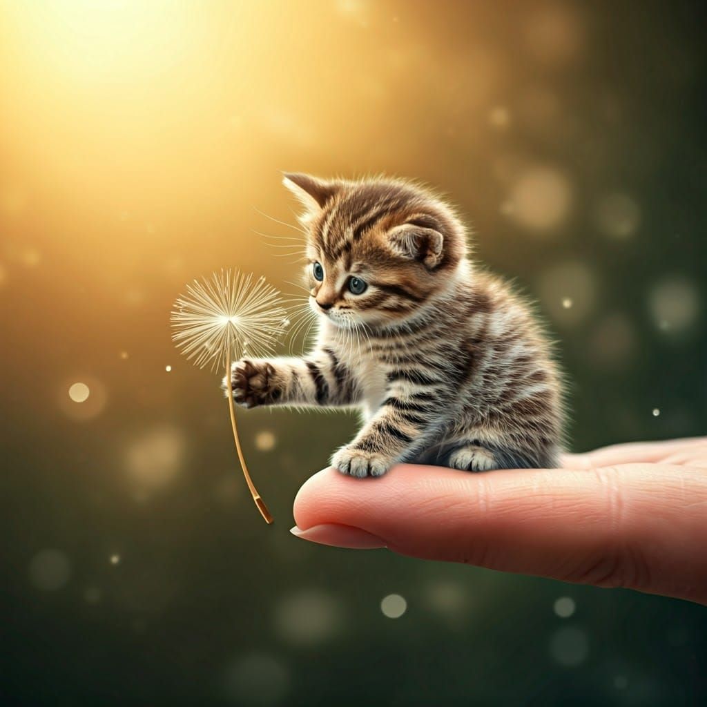 Thumb-Sized Kitten with Dandelion Seed