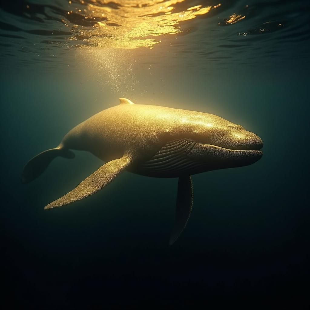 Golden Whale Shimmers in Dark Ocean Depths