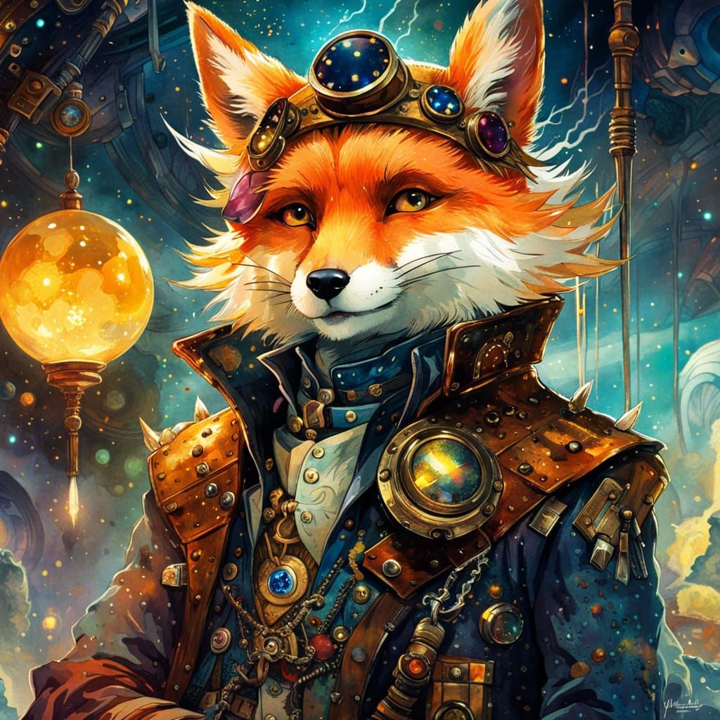 Steampunk Space Pirate Fox in Anime Watercolor