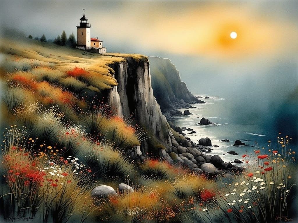 Ethereal Sunset Lighthouse Amidst Vibrant Floral Bloom