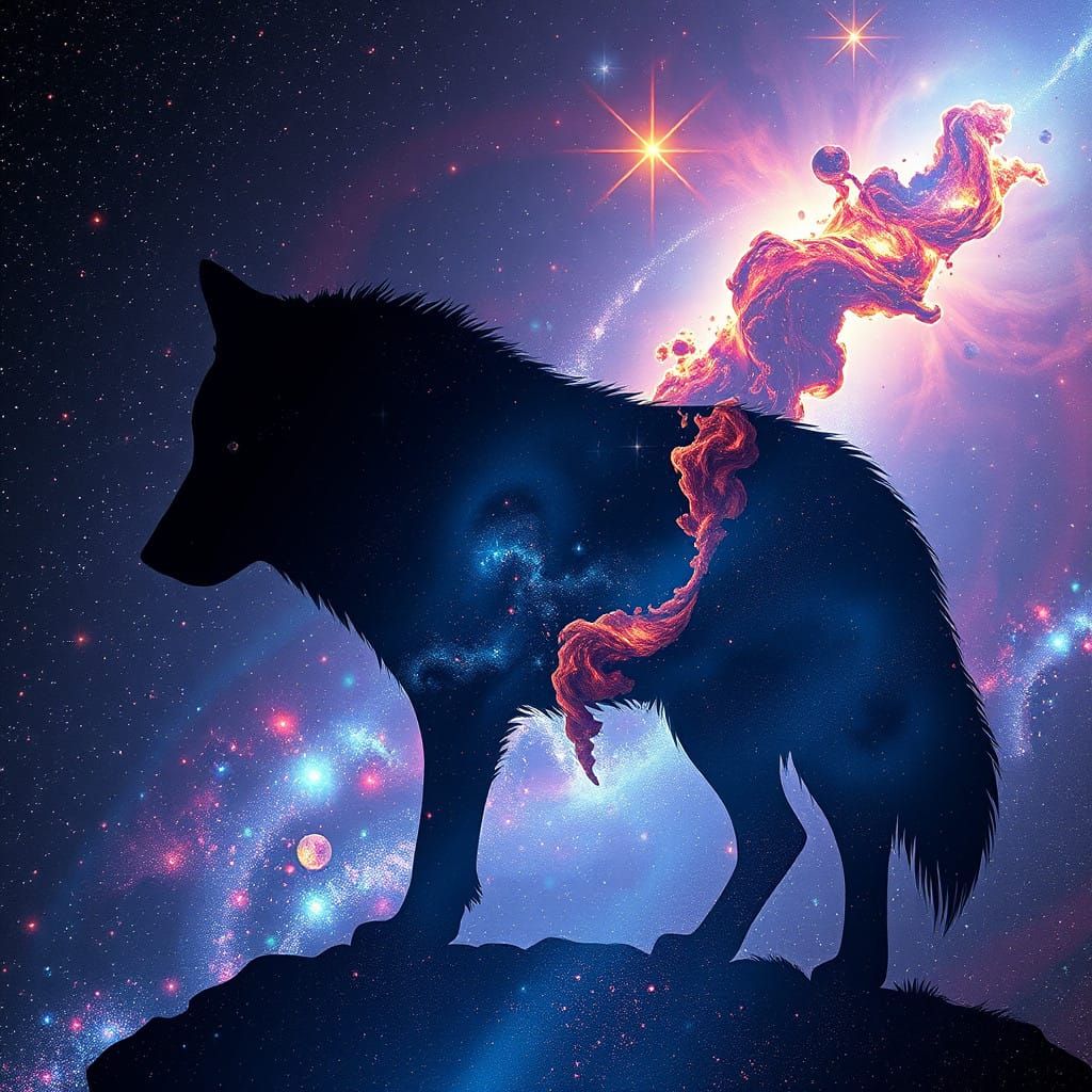 Wolf Silhouette Galaxies in Celestial Wonder