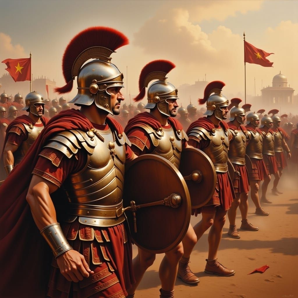 Roman Soldiers in Battle as Oil Painting