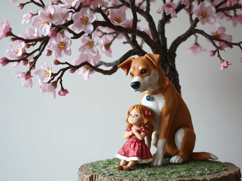 Fantasy Clay Sculpture of Girl and Loyal Dog Under Blossomin...