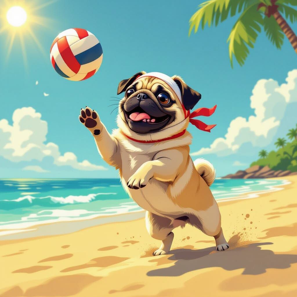Joyful Pug Plays Volleyball on Sunny Beach