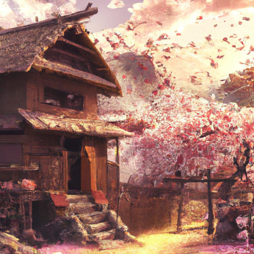 Japanese Farmhouse with Cherry Blossoms, Matte Painting