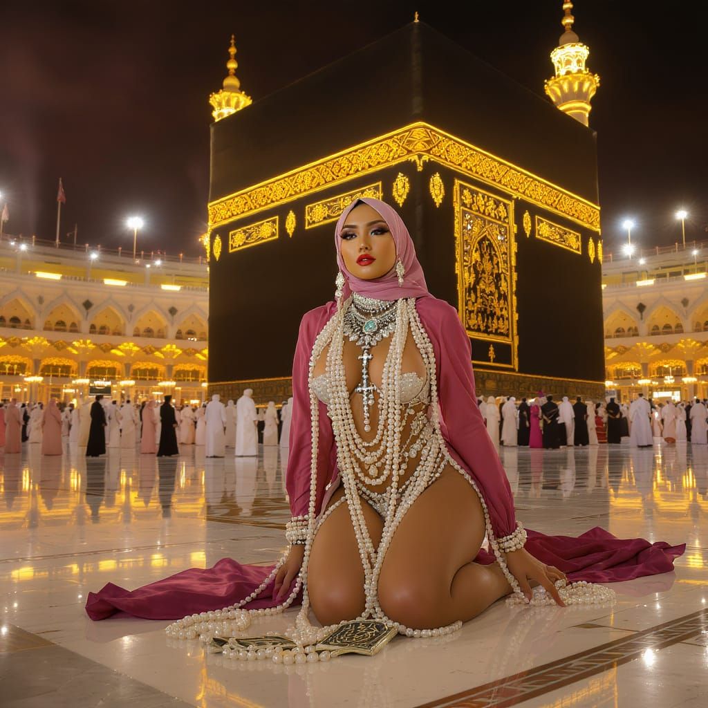 Woman in Hijab Prostrates Before Ka'bah with Pearl Jewelry