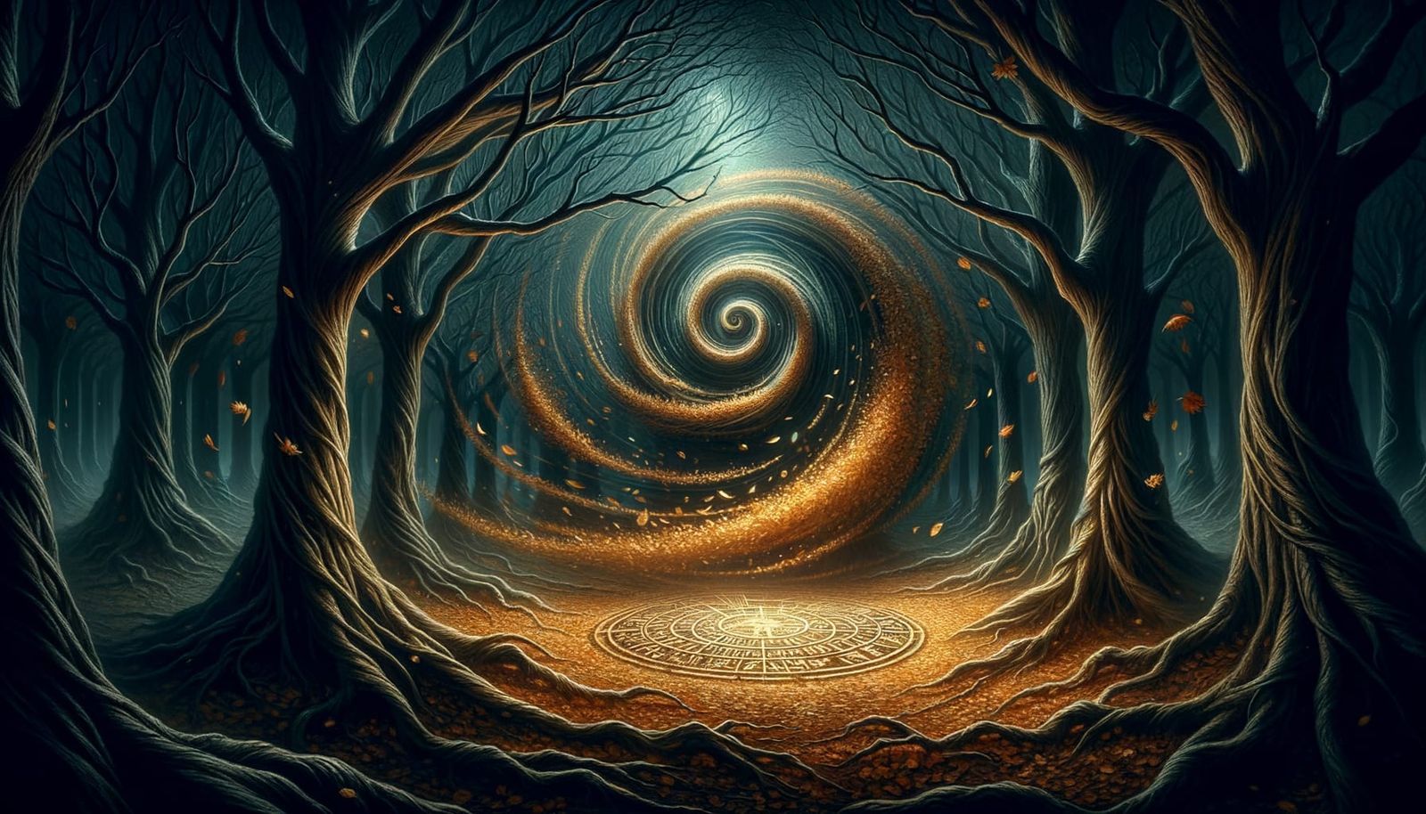 Mystical Autumn Vortex Illuminates Ancient Runes