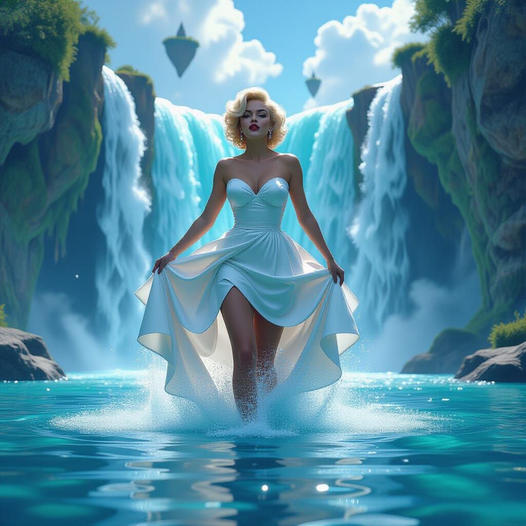 Marilyn Monroe Emerges From Waterfall in Surreal Dreamscape