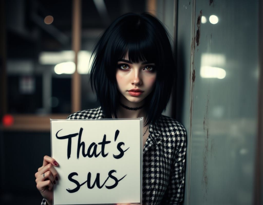 Emo Woman Holding "That's Sus" Sign