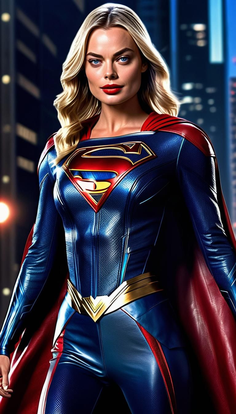 Margot Robbie as Hyperrealistic Supergirl in Action