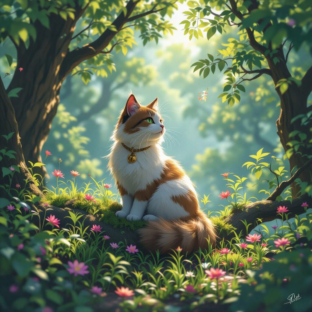 Fluffy Cat in Tree 3D Anime Art