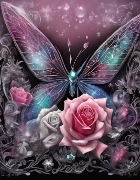 Translucent Butterfly with Pearl Lotus in Decoupage Style