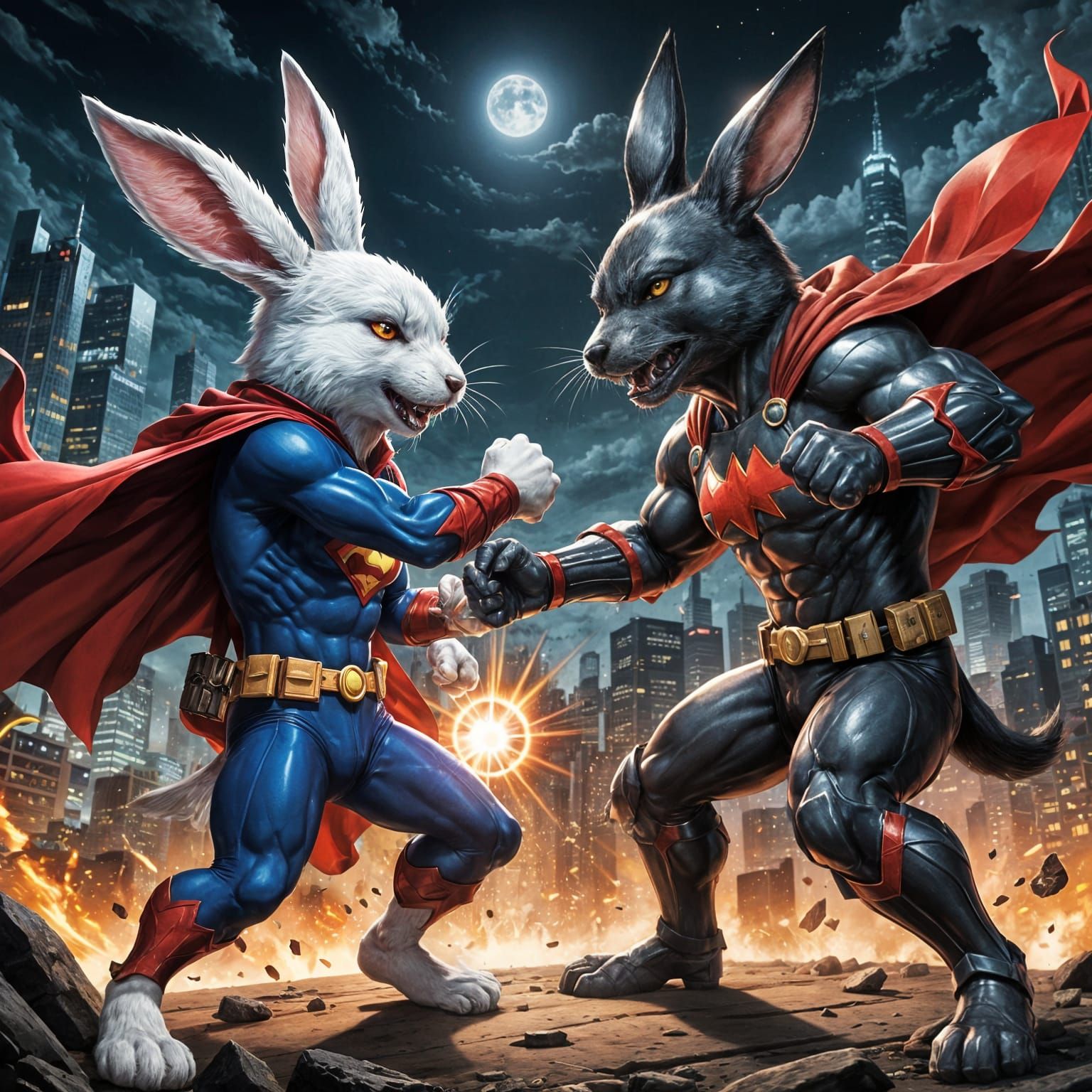 Epic Anime-Style Battle between Heroic Rabbit and Fiery Wolf