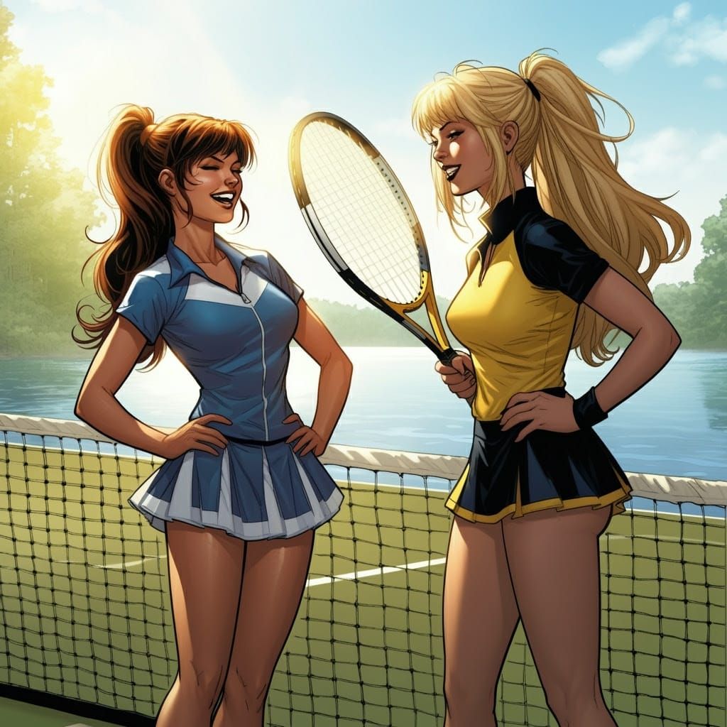 Teenage Heroines Enjoy a Fun Tennis Match in a Sunny Lake Se...