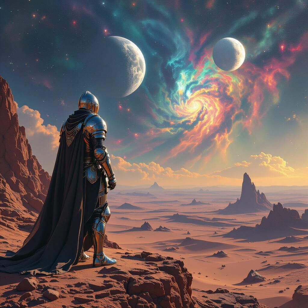 Knight on Alien Cliff Overlooking Desert Under Nebula Sky