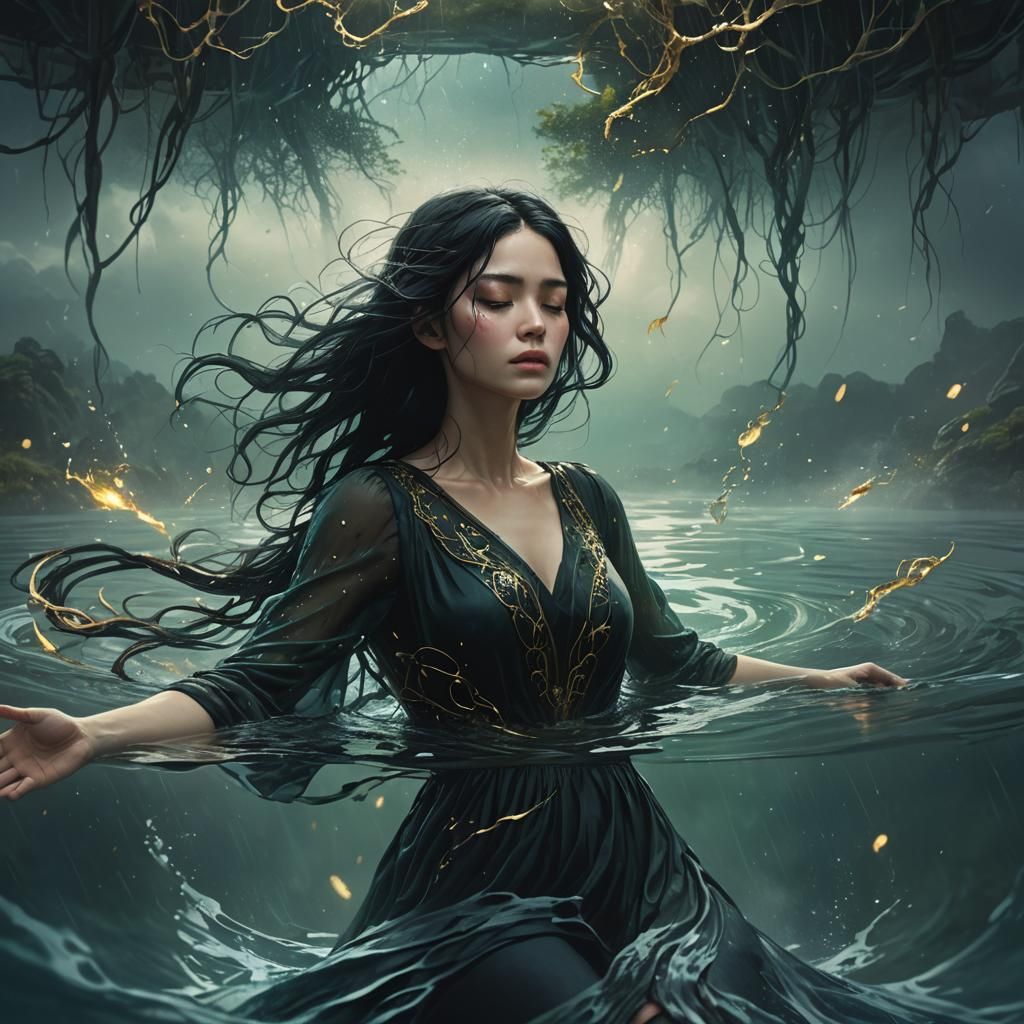 Ethereal Girl Floating in Dark Water: Dark Fantasy Art