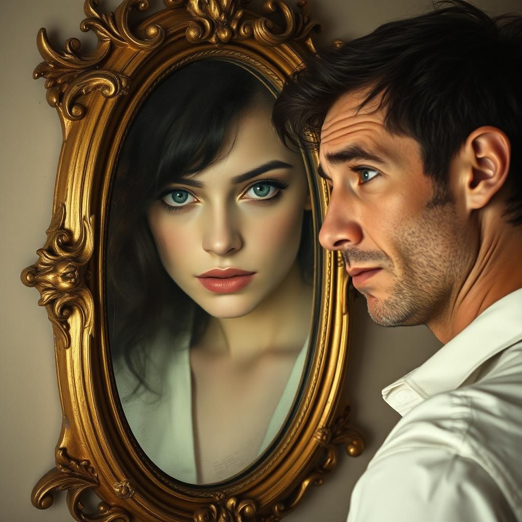 Man Sees Woman in Mirror, Surrealist Style