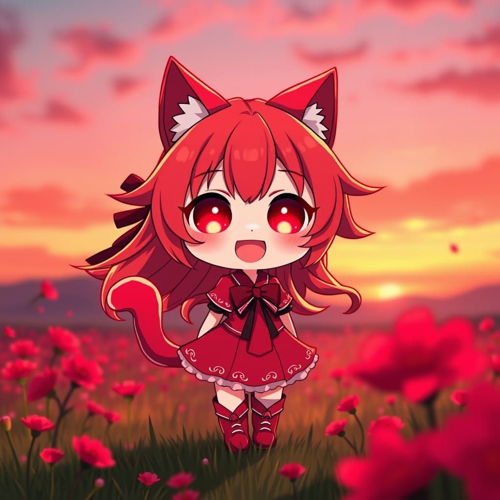 Whimsical Synthwave Catgirl Dances Under the Scarlet Evening...