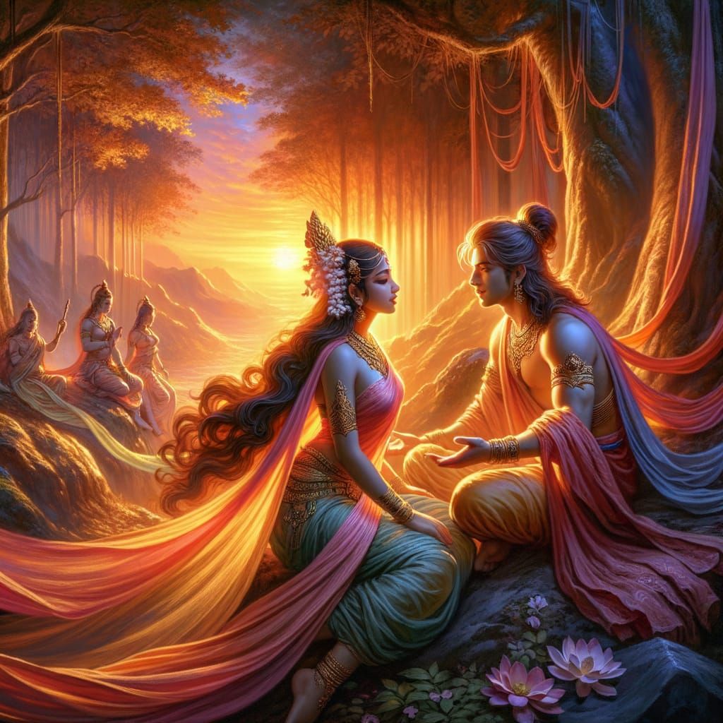 Apsara and Sage: Romantic Sunset in Forest Cave