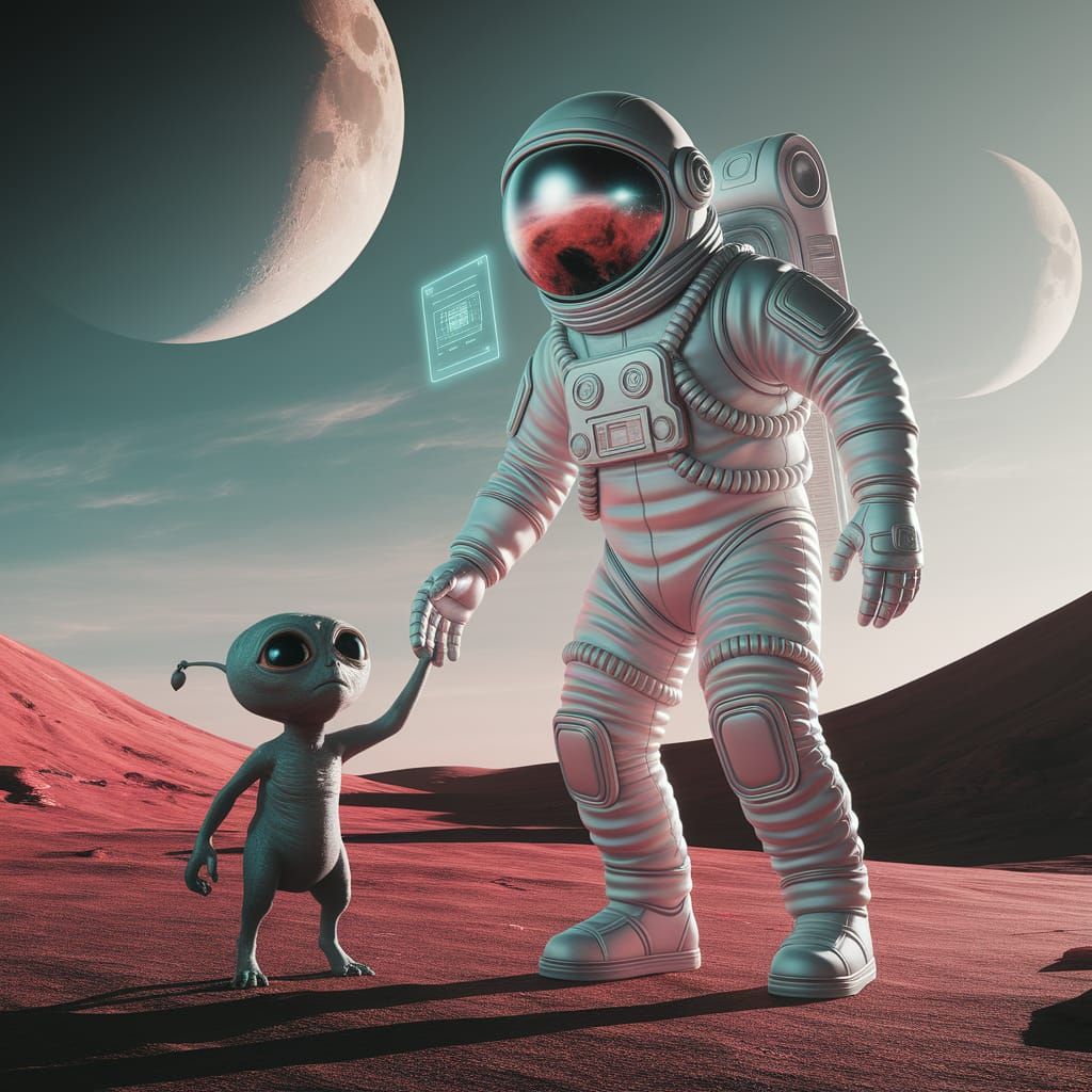 Astronaut Helps Injured Alien on Crimson Planet