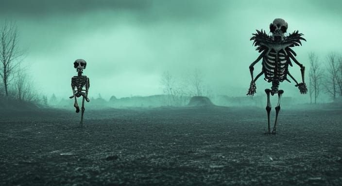 Eerie Kaiju Skeleton in Dark Fantasy Landscape