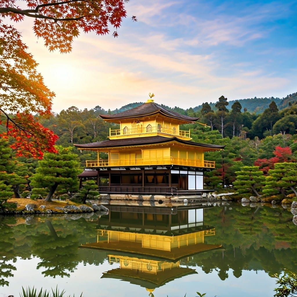 Golden Pavilion: Kinkaku-ji in Ukiyo-e Style