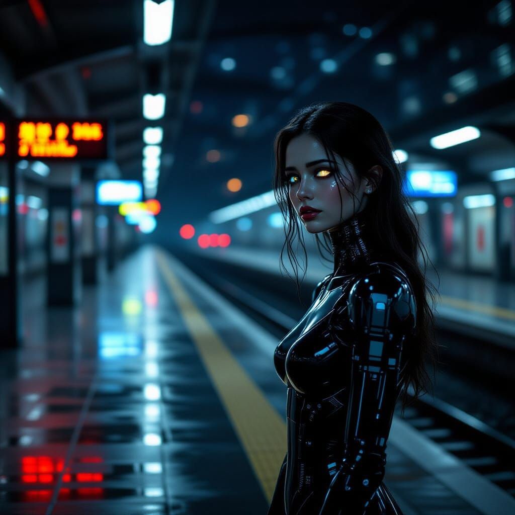 Cybernetic Woman on Train Platform at Night