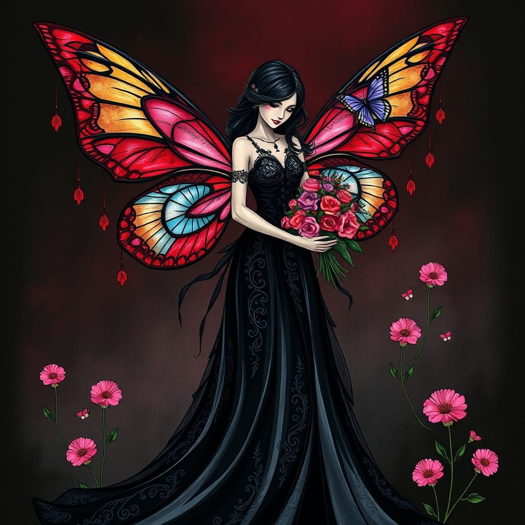 Elegant Fairy with Stained Glass Wings, in Acid Ink Style