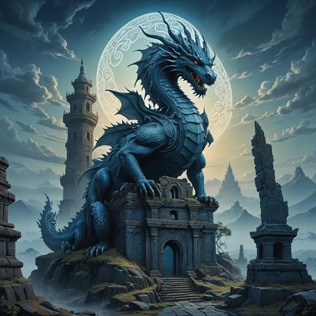 Majestic Blue Dragon on Ancient Ruins