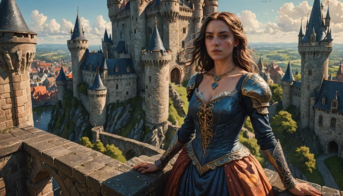 Hyperrealistic Woman on Castle Tower in Splash Art Style