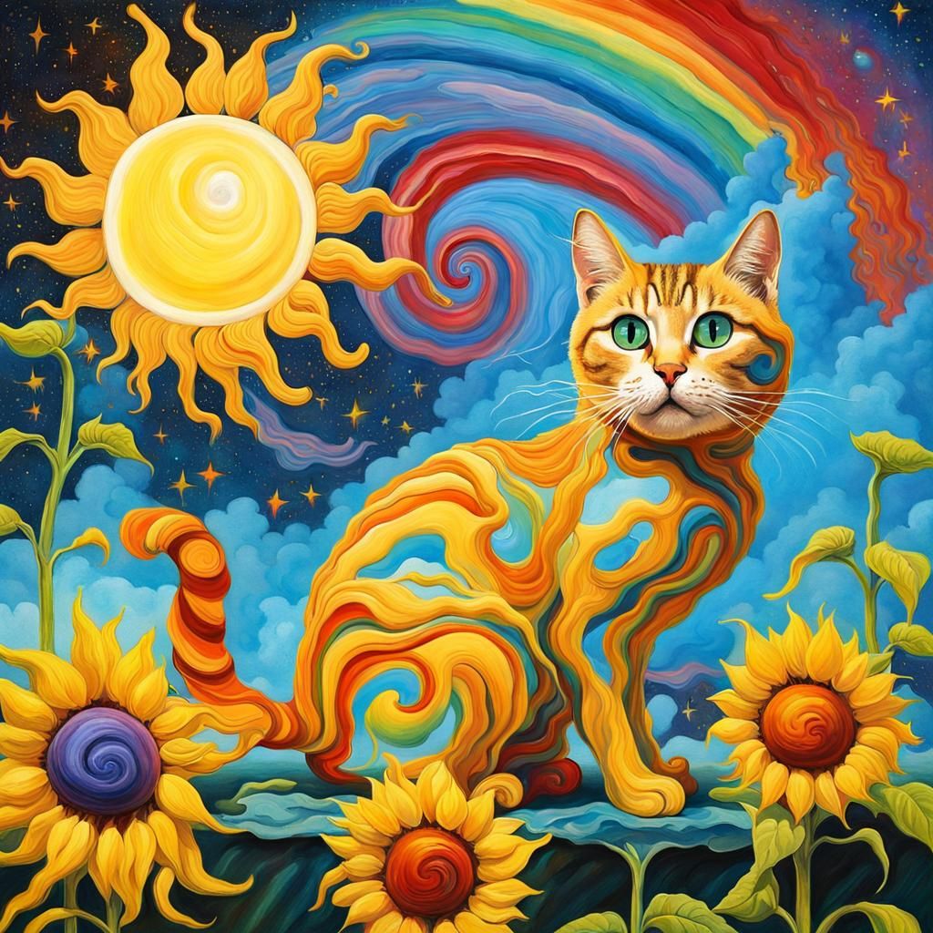 Surreal Cat in Candyland: Gouache and Watercolor Masterpiece