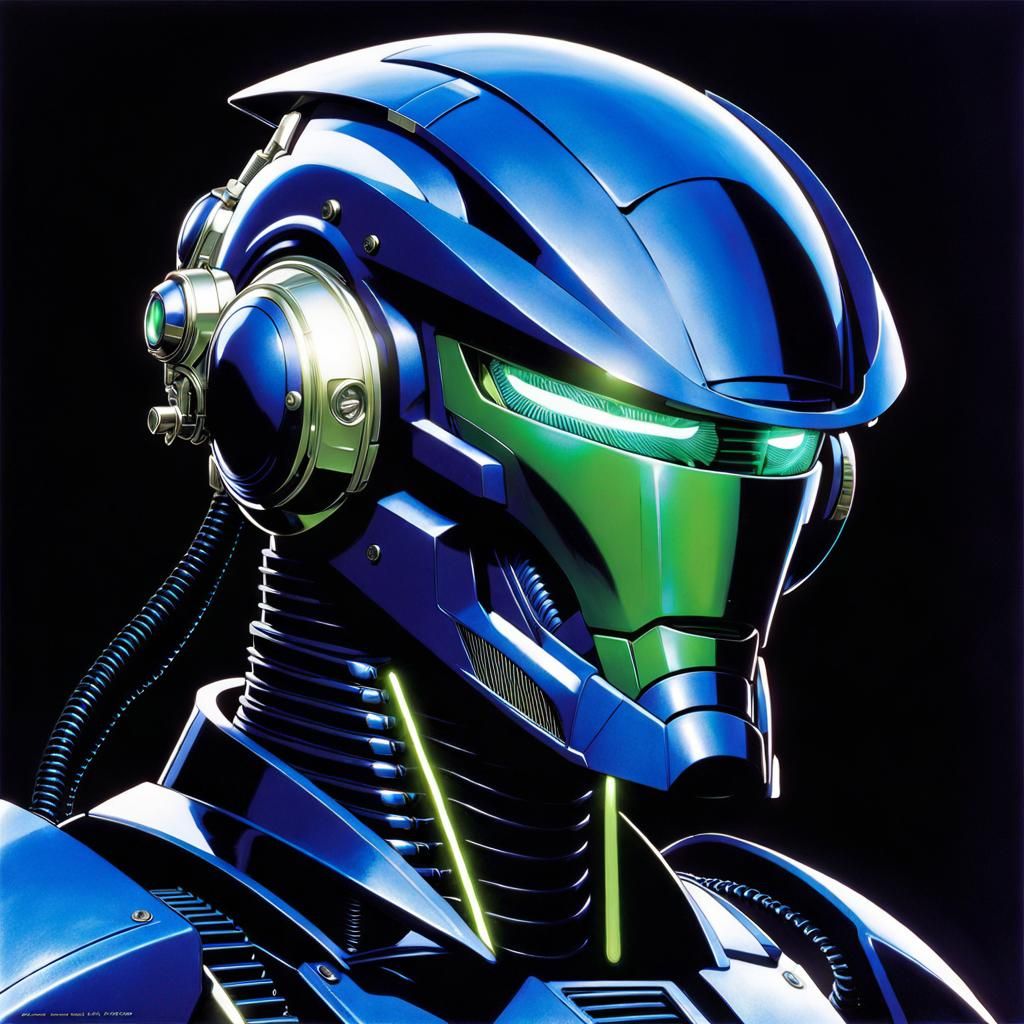 Dark Blue Cybernetic Robot Portrait in Retro Futurism