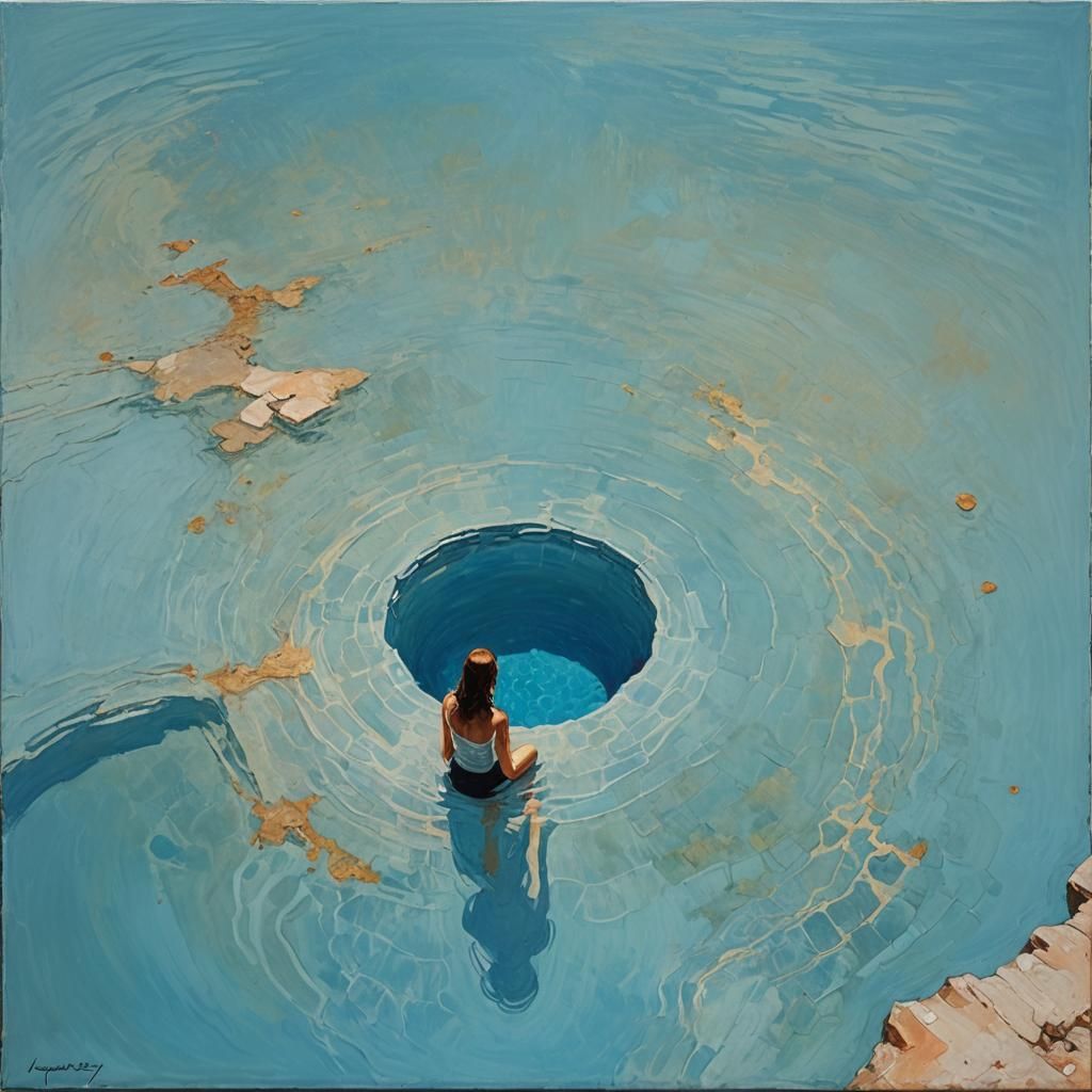 Serene Blue Pool: Minimalist Oil Painting