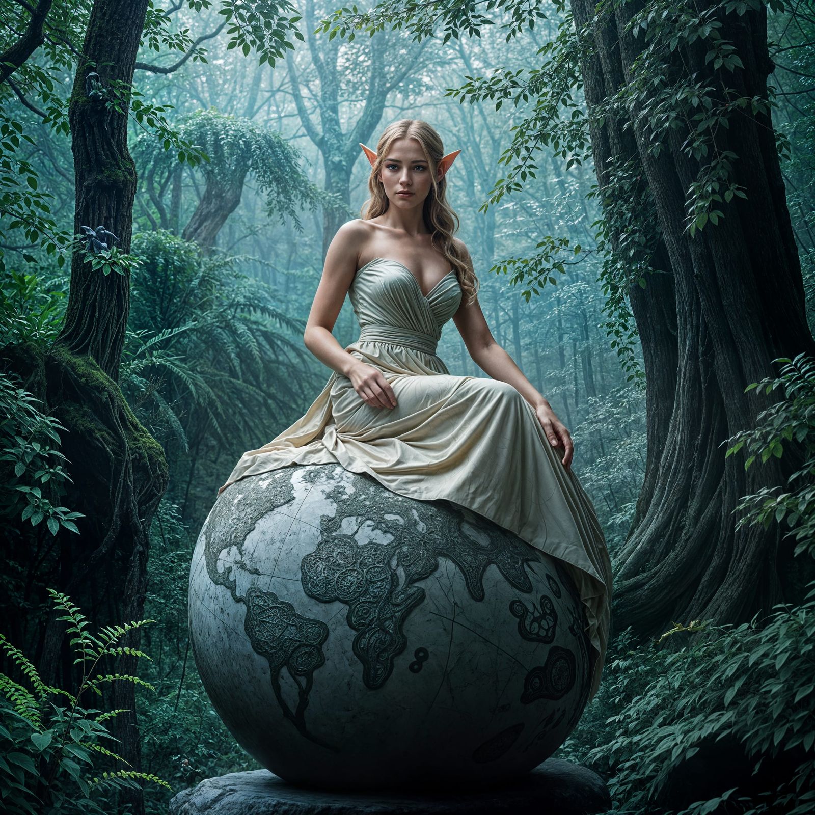 Elf Woman Sitting on Engraved Marble Sphere
