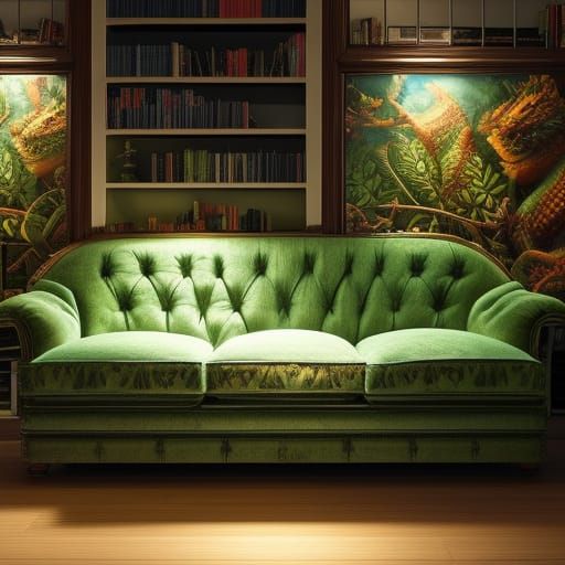 Lizard Couch in Cozy Library: Digital Illustration