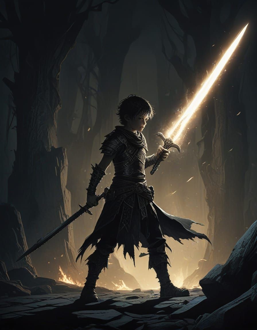 Boy Warrior with Glowing Sword in Dark Fantasy