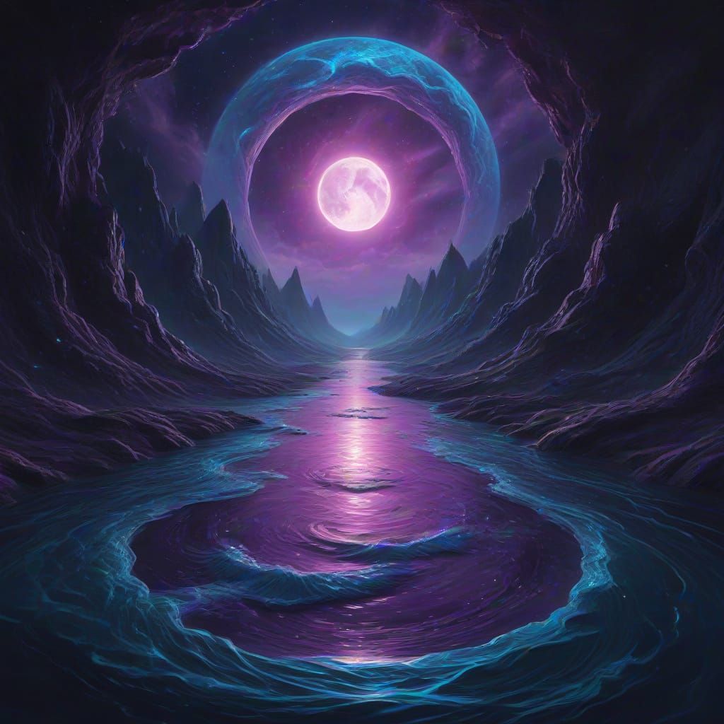 Mystical River Portal Under Black Sun, Surreal Digital Paint...