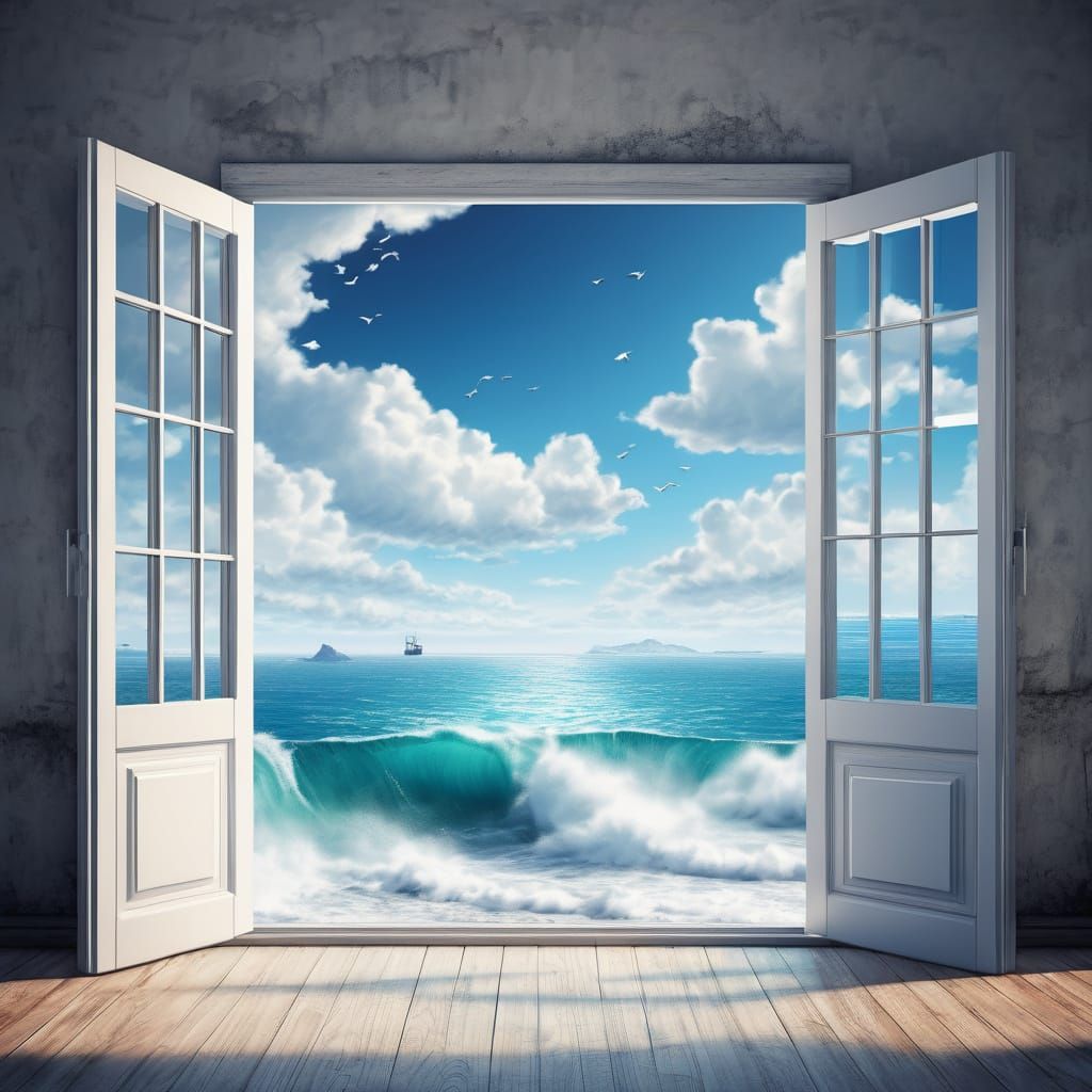 Surreal Open Window to Dreamy Ocean Scenery
