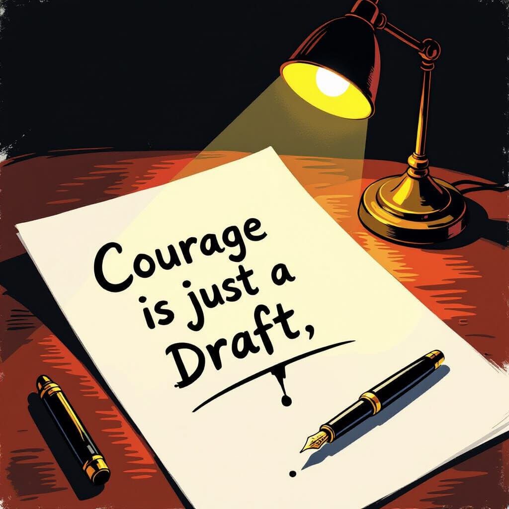 Nervous Hand Writes 'Courage is Just a Draft' on Blank Page